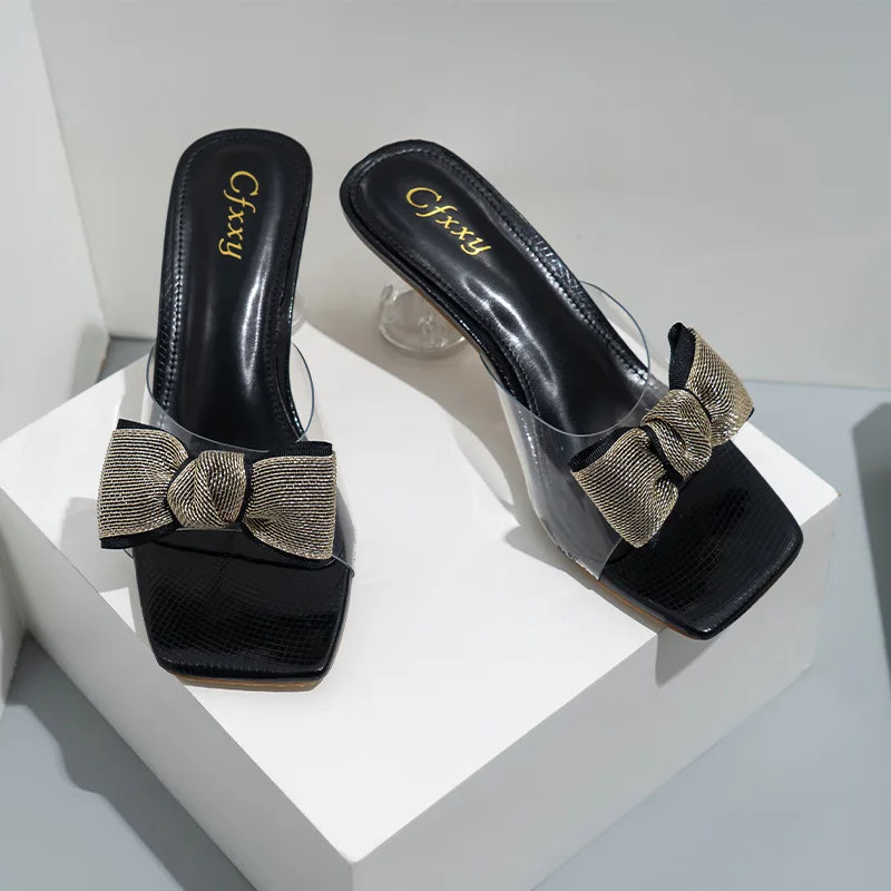 

New Women's Bow Crystal Thick High-heeled Sandals and Slippers Summer Wear One Word Delicate Square Toe Sandals Women Womenshoes