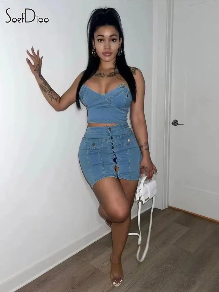 

Женский джинсовый комплект Soefdioo, комплект из двух предметов, короткий топ с оборками на груди и облегающая мини-юбка на пуговицах, уличная одежда, 2023