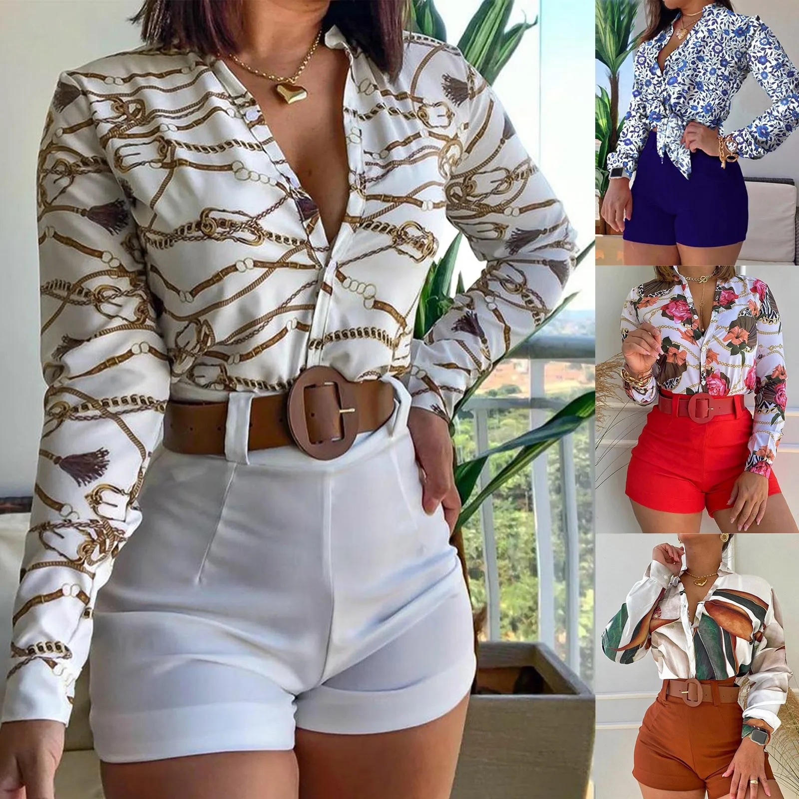 

Fashion Casual Vacation Set For Women Summer Print Bohemian Beach Loose Long Sleeve Suit Button Shirt Shorts 2 Piece Sets Woman