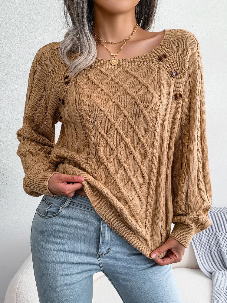 

SeigurHry Women's Winter New in 2022 Sweaters Button Design Crew Neck Korea Knit Stretchable Elasticity Long Sleeve Tops Jumper