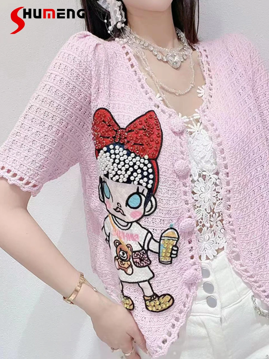

Women 2022 Summer New Fashion Sweet Knitted Cardigan T-shirt Female Korean Style Fairy Solid Beaded Cartoon Hollow Knitting Top