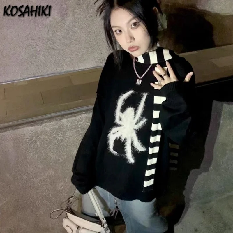 

Y2k Black Sweater Women Korean Japan Fashion Spider Jacquard Punk Tops Female Vintage Pullover 2023 Harajuku Streetwear