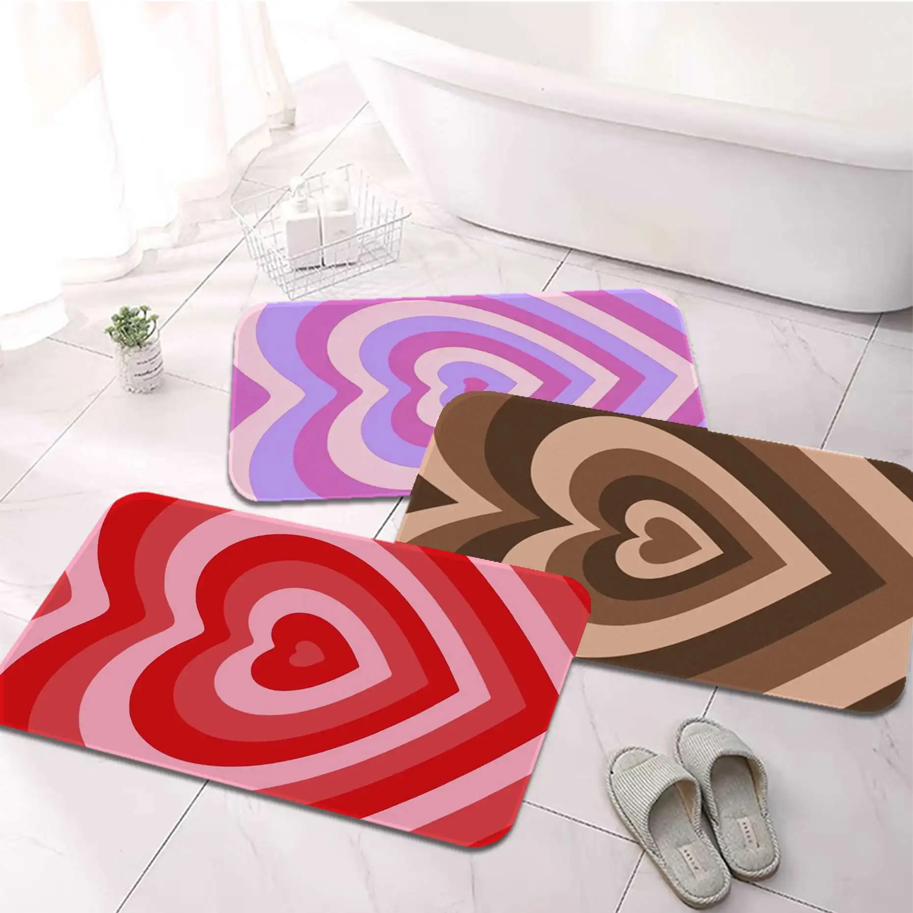 

Latte Pink Purple Color Love Coffee Heart Printed Flannel Floor Mat Bathroom Decor Carpet Non-Slip For Living Room Kitchen