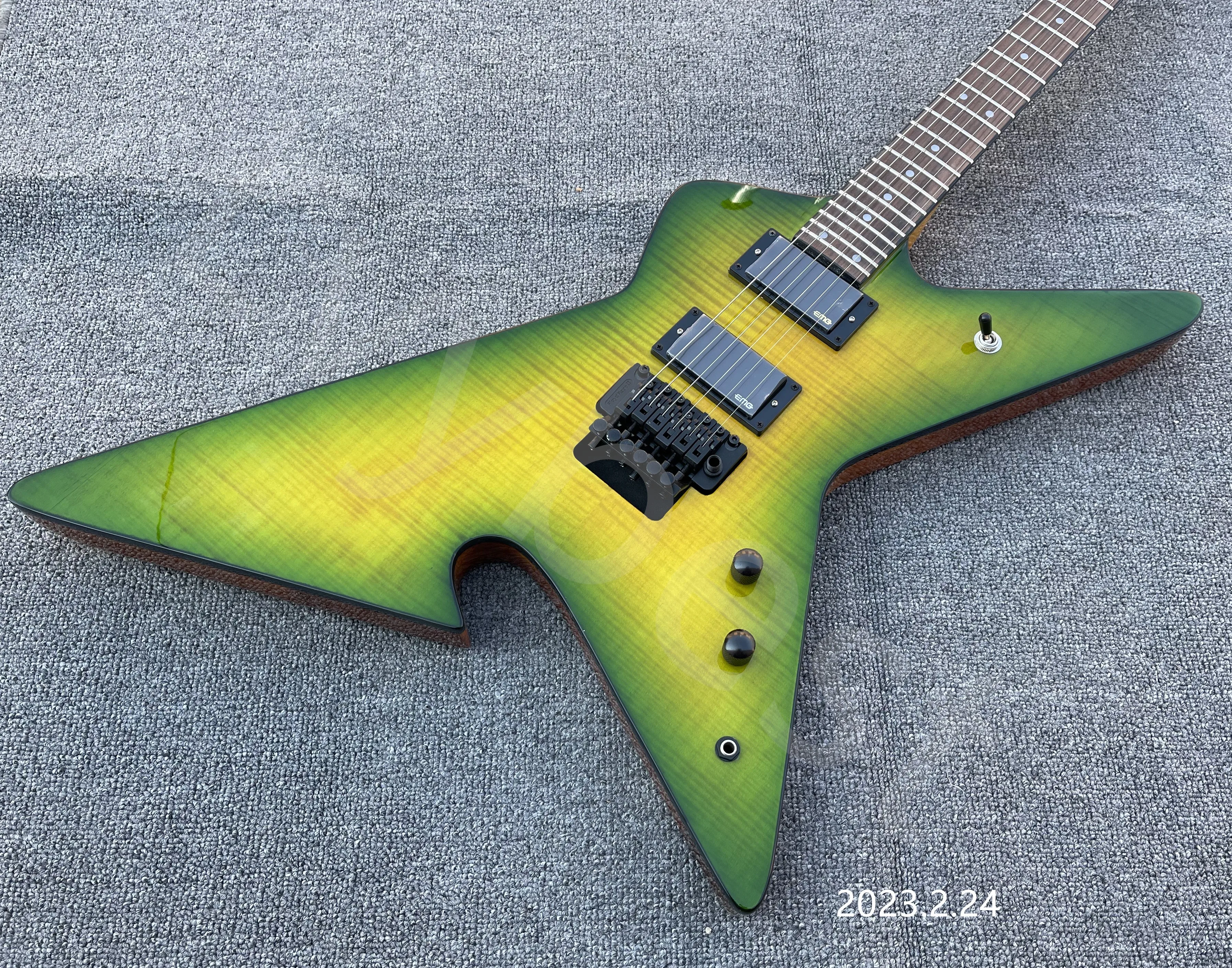 

New Arrival Green Burst Flame Maple Top Electric Guitar Floyd Rose Tremolo China EMG Pickups Black Hardware High Quality