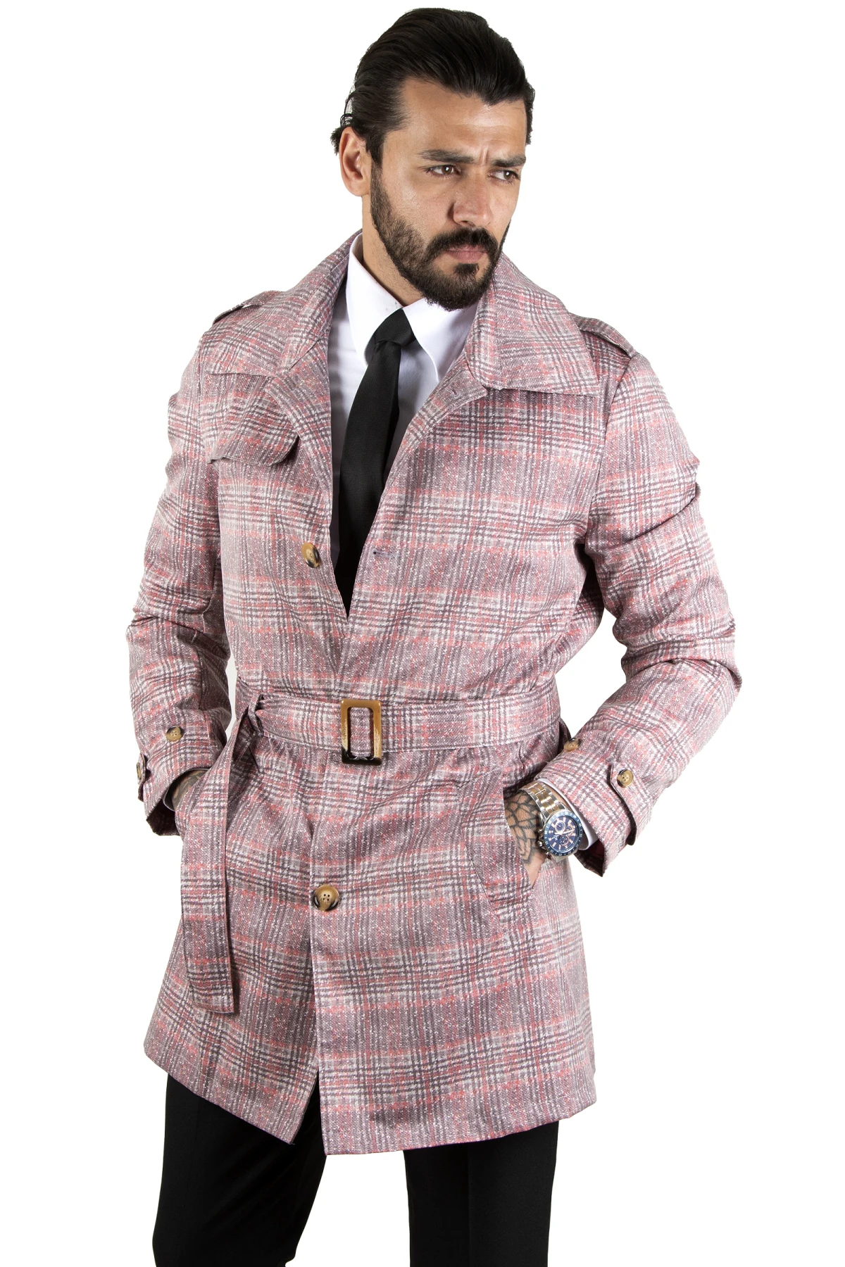 DeepSEA plaid patterned Slim Fit men's trench coat 2204009
