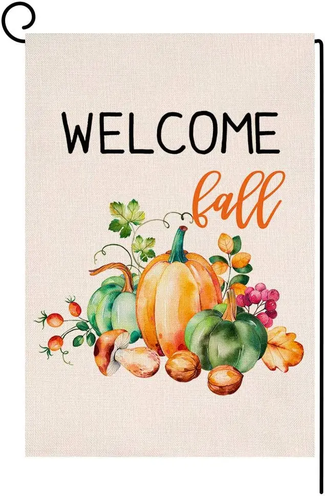 

Welcome Fall Pumpkin Garden Flag Vertical Double Sided Farmhouse Autumn Burlap Yard Outdoor Decor 12x18 Inches
