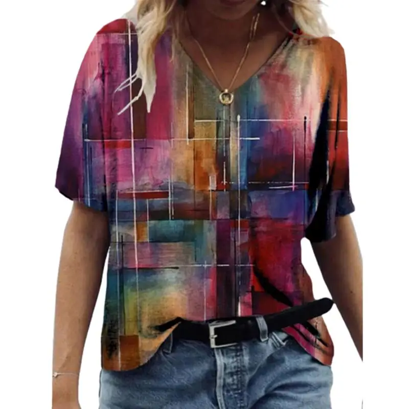 

Abstract Painting Printed T-shirts Women's Harajuku T-shirts Short Sleeve V-Neck T-shirt Summer Ladies Casual Loose Tee Tops