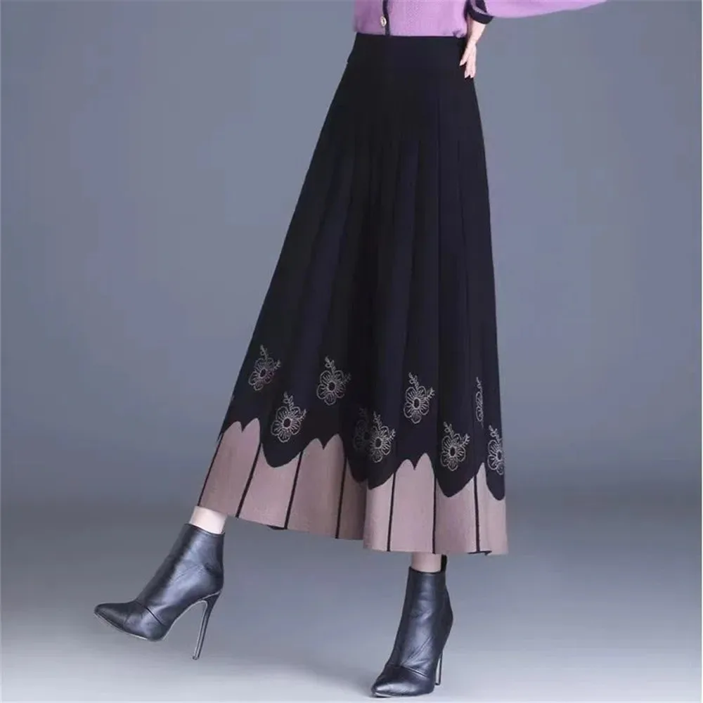 

Elegant Floral Jacquard Knitted Long Skirt Women'S Autumn Winter 2023 Drape Thicken Wool Skirt Warm Mid-Length Large Swing Saia