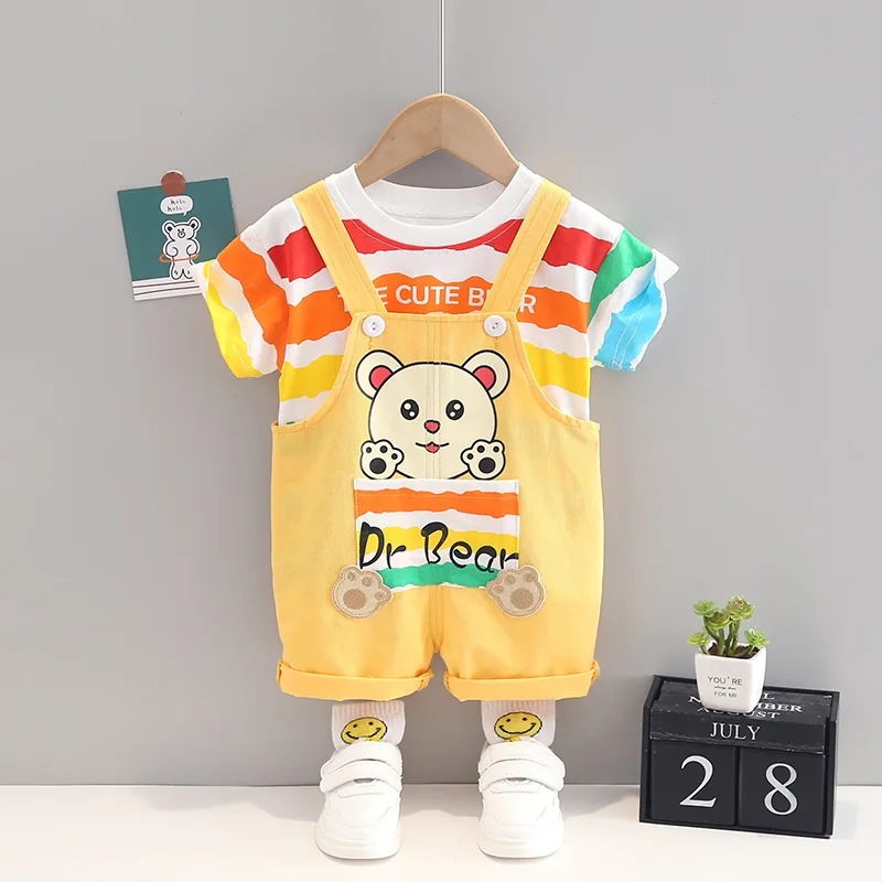 

Toddler Baby Boys Girls Clothes Sets 2022 Summer Short Sleeve Outfits Children Fashion Striped Top+Cartoon Strap Pants 2pcs/sets