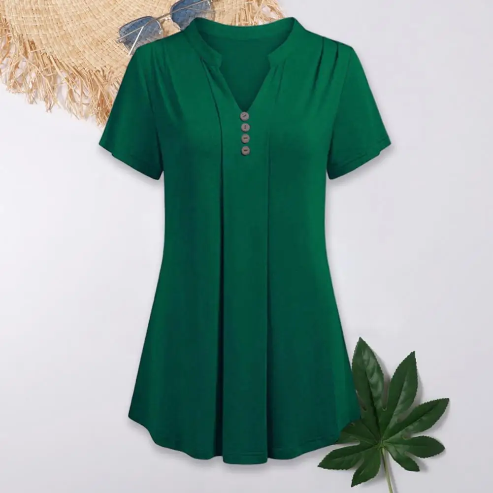 

Women Summer T-shirt Mid Length Short Sleeve V-neck Lady Top Button Decor Solid Color A-line Loose Hem Female Top Lady Clothes