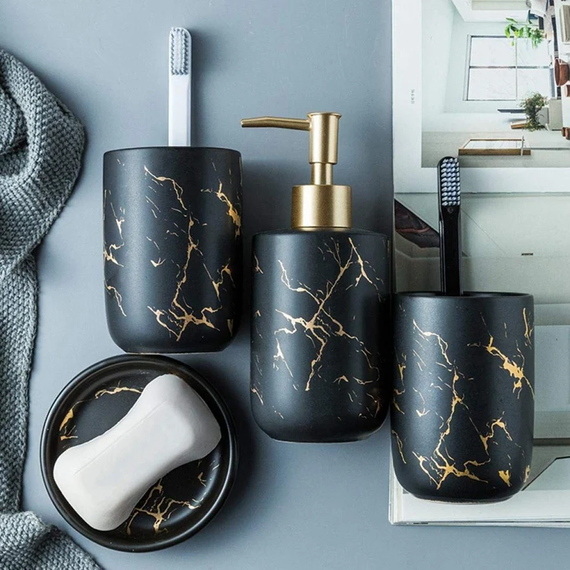 

Practical Bathroom Accessory Set Ceramic Bath Accessories Bath Set Luxury Marble Pattern Tooth Mug Lotion Dispenser Soap Dish
