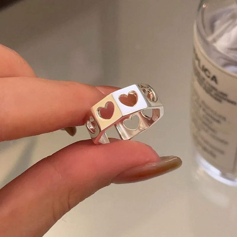 

925 Sterling Silver Unique Hollow Heart Ring for Women Girl Fine Jewelry Handmade Adjustable Finger Ring Party Daily Accessories
