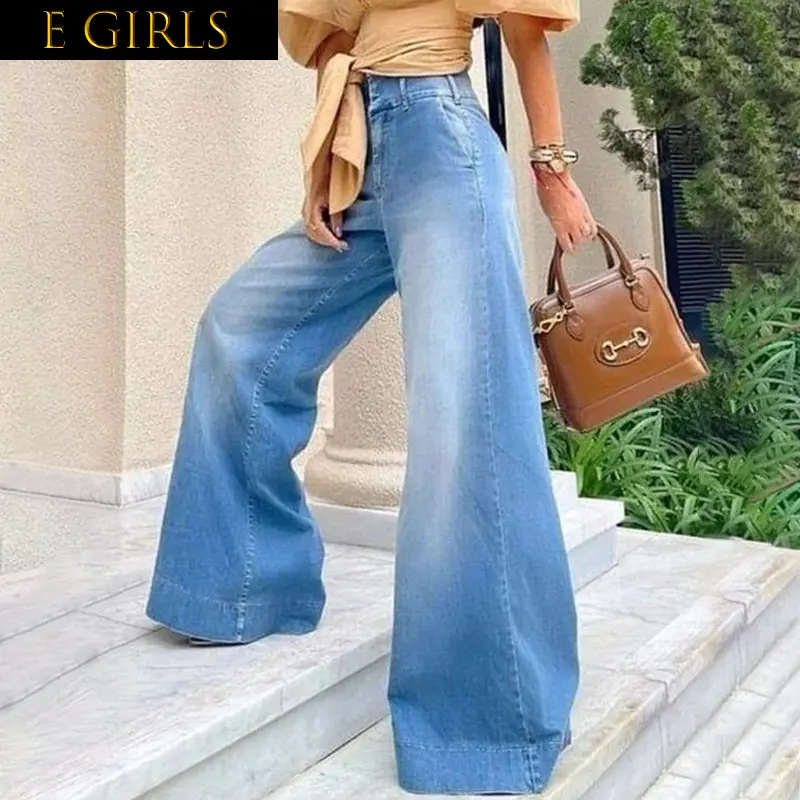 

E GIRLS Denim Jeans Women Fashion Flared Pants 2023 New Bleached Wide Leg Jeans Streetwear Women Denim Trousers Washed Blue Long