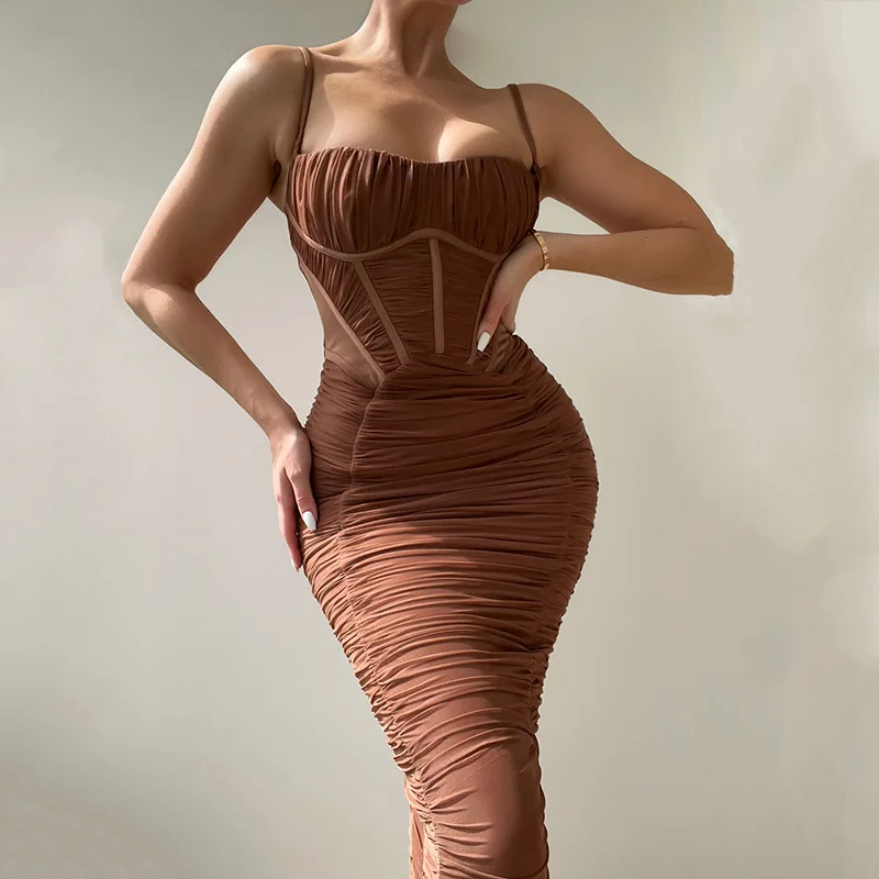 

Женское длинное платье на бретелях-спагетти, без рукавов, с открытой спиной и молнией, элегантное платье-корсет с рюшами, лето 2023