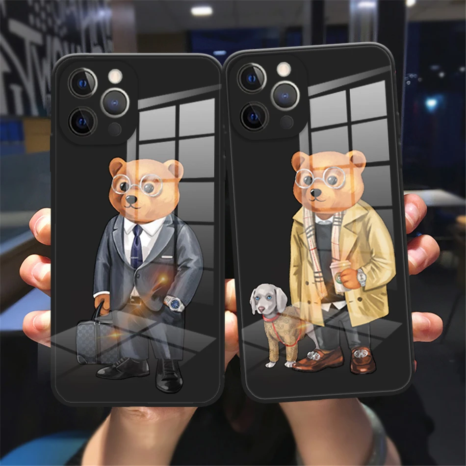 

Cute Bear Fashion Brand Protective Case For iPhone 11 13 14 Pro Max 12 Mini XS Max XR X 7 Plus 8 Plus SE 2020 Luxury Glass Cover