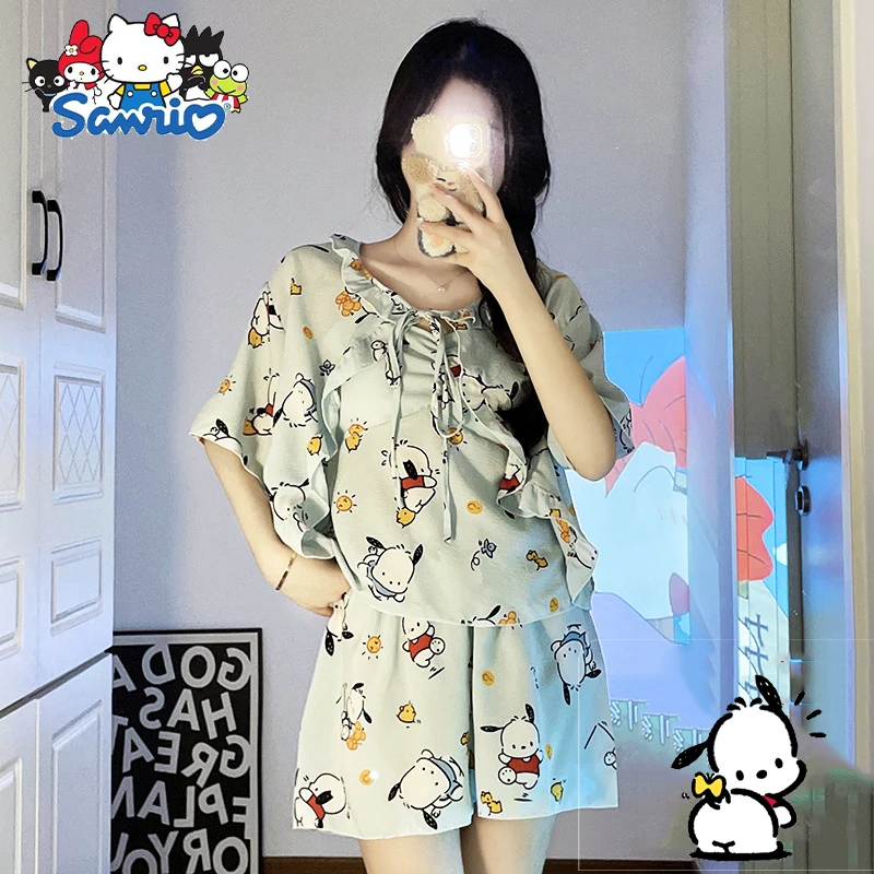 

Sanrio Pochacco Pajamas Three-Piece Set Kawaii Kuromi Cartoon Anime Shawl Shorts Sleep Trousers Home Clothes Bra Pad Girls Gifts