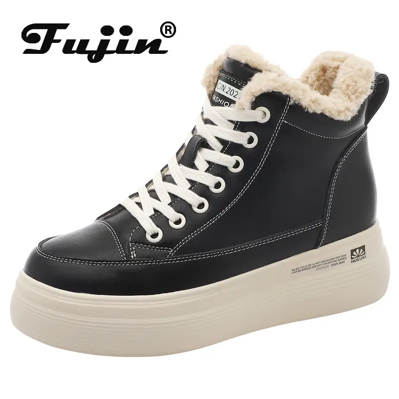 

Fujin 6cm Natural Genuine Leather Women Ankle Booties Platform Wedge Winter Warm Fur Plush Warm Women Shoes Snow Moccasins Boots