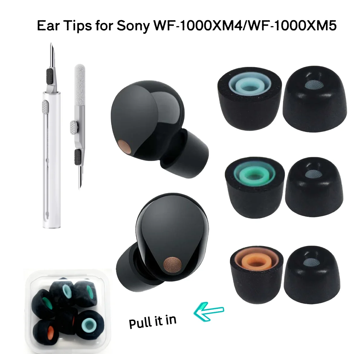 Фото KUTOU, 3 пары насадок из пены с эффектом памяти для Sony WF-1000XM5, насадки для наушников WF-1000XM5 WF-1000XM4, чехол для наушников с чистящей ручкой №1