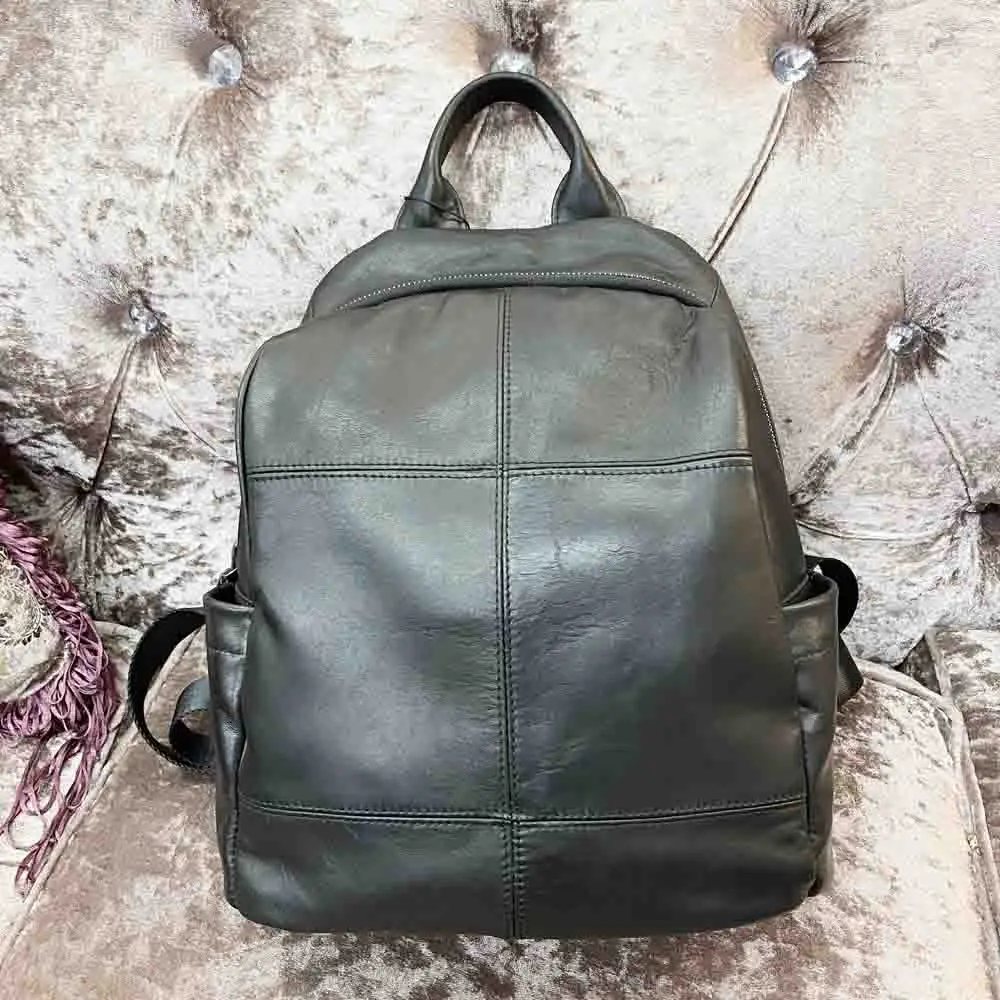 

MS Women's Backpack Luxury Genuine Leather High Quality Cowhide Knapsack Black Big Backpacks for School Teenagers Girls 2022 New