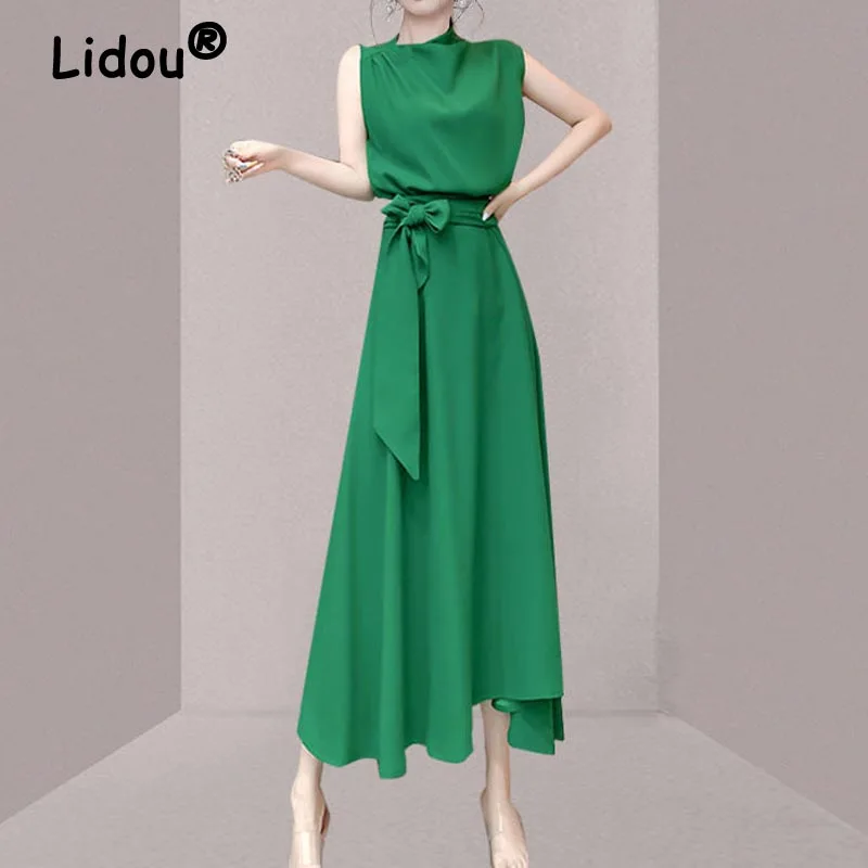 

Fashion Temperament Elegant Women Sleeveless O Neck Summer Long Dress Female Green Maxi Dresses With Belt Women's Clothing Robes