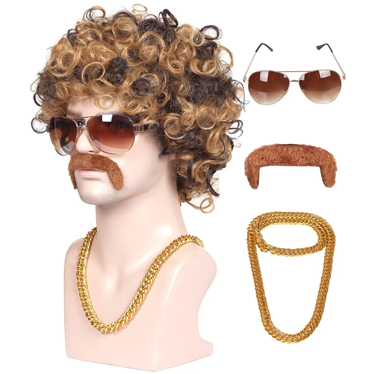 4-Pieces Chain and Moustache and Sunglassand Short Curly Wig for 70'S Disco Party (Brown with Blonde(3 Pieces Set))