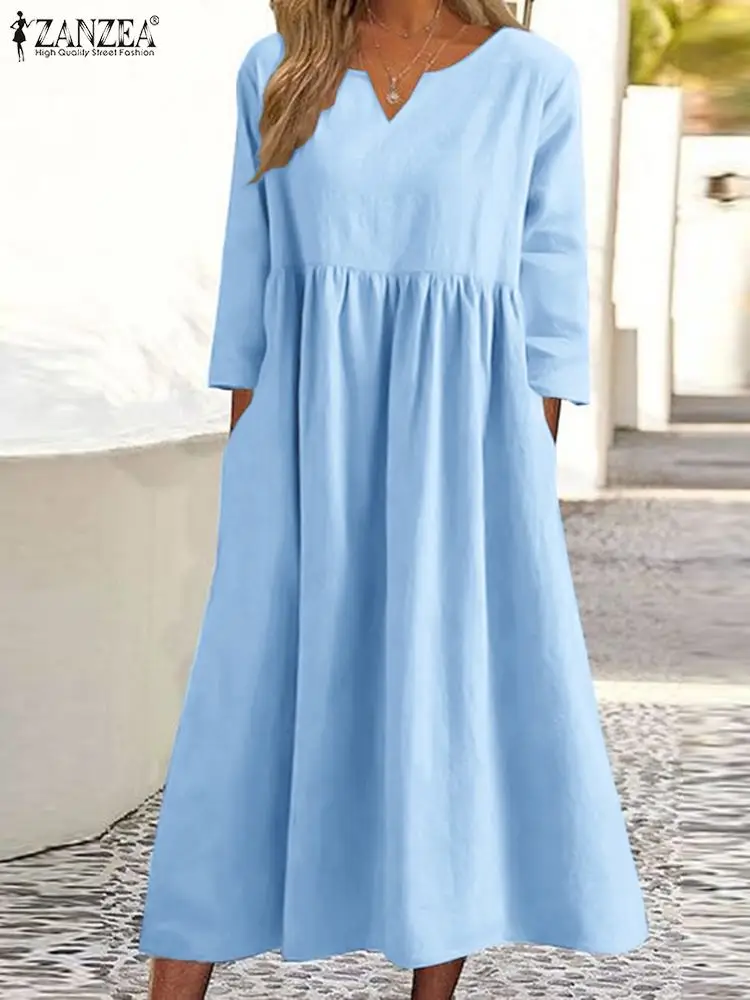 

ZANZEA Summer Fashion 3/4 Sleeve Dress Woman Casual Cotton Dresses V Neck Side Pockets Sundress Holiday A Line Robe Oversized