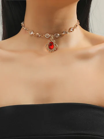 Женская короткая цепочка на шею, Лидер продаж, ожерелье с подвеской стразы из красного стекла и драгоценного камня, женское ожерелье с кристаллами, ювелирные изделия