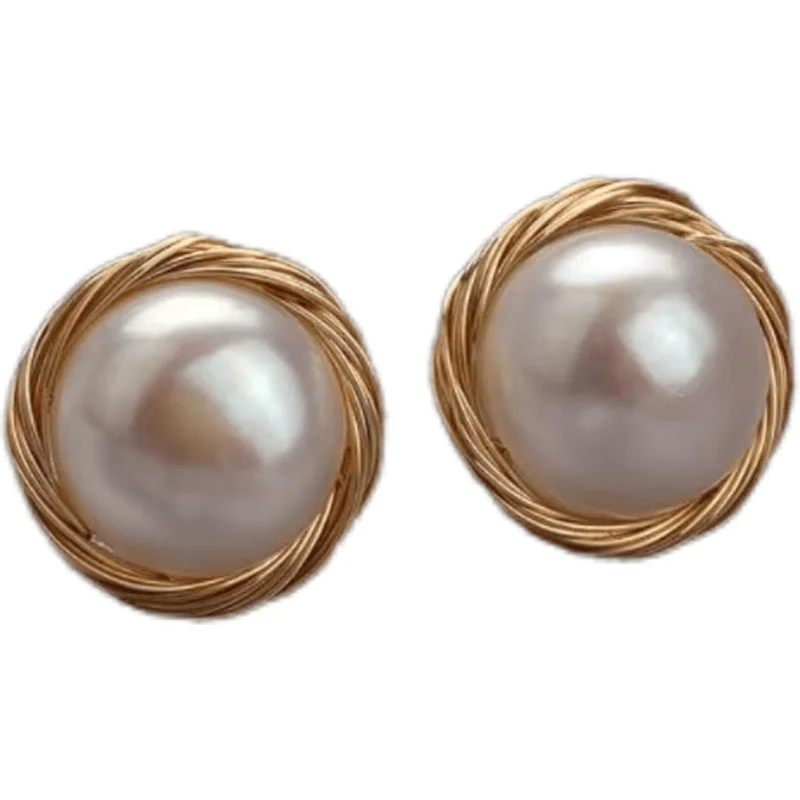 Natural water Pearl Gold Injection Handmade Winding Stud Earrings Temperament Women Anti-Allergy Hepburn Ventilation Net... |