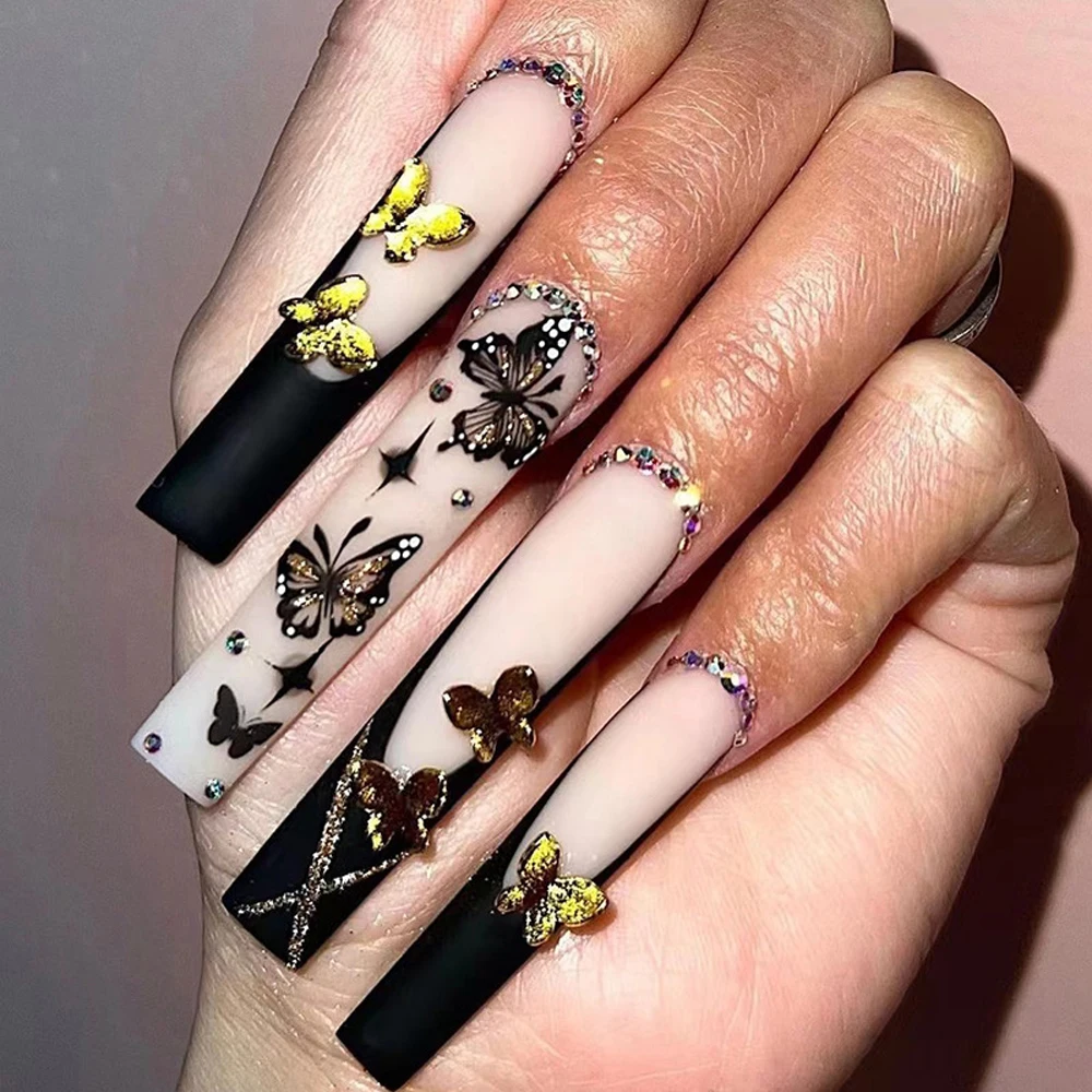 

24pcs Black Psychedelic Butterfly Nail Art Tips Simple Black Border French Fake Nails Butterfly Rhinestone Acrylic Nail Capsules