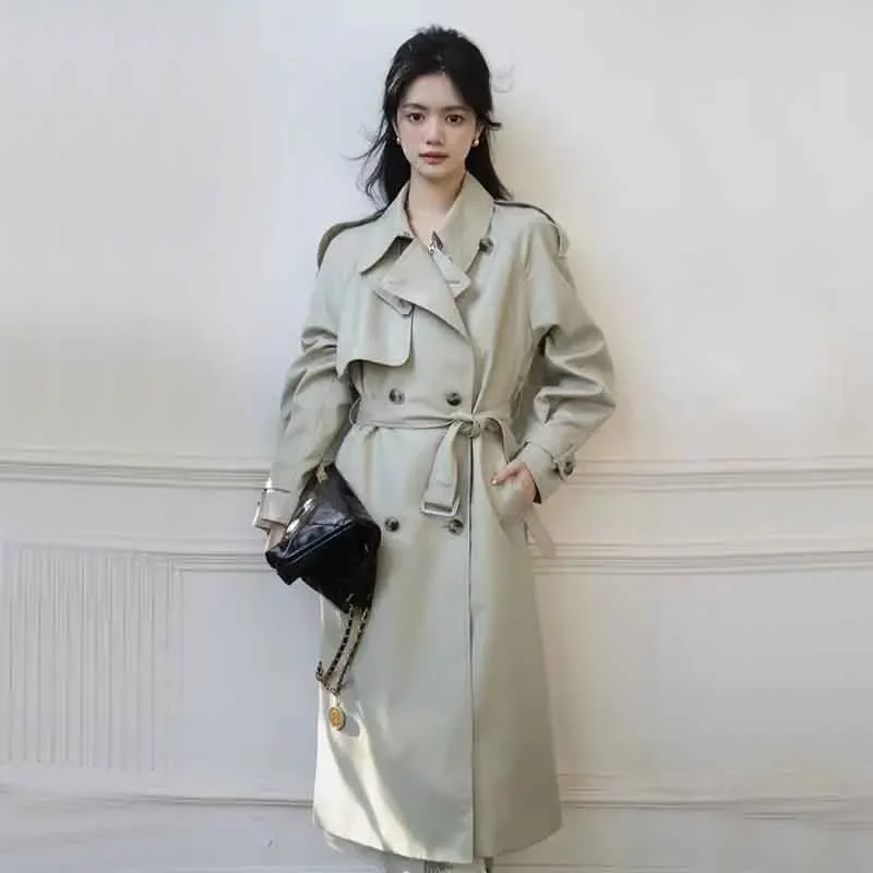 

Autumn Stand Collar Long Trench Coat Women Korean Streetwear Belt Double Breasted Windbreaker Solid Preppy All Match Midi Jacket