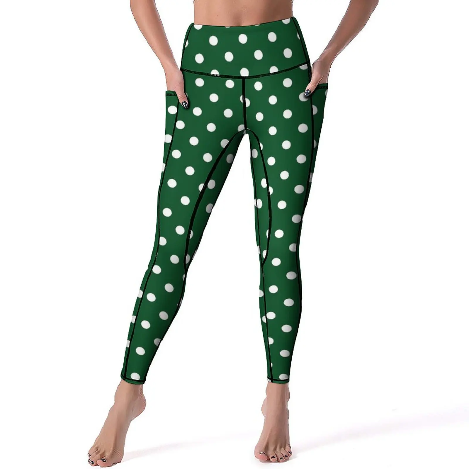 

Green Polka Dot Leggings Sexy Retro Print Gym Yoga Pants Push Up Stretch Sport Legging With Pockets Novelty Graphic Leggins