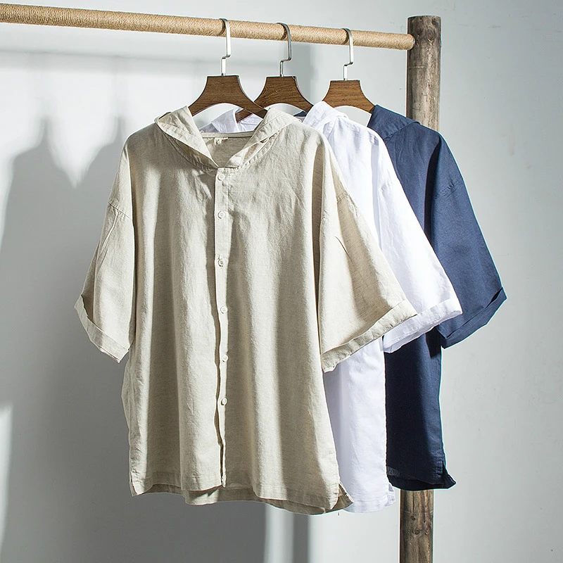 

Summer Mens Hooded Shirts Casual Slim Fit Cotton Linen Short Sleeve Khaki Social Shirt Top Male Plus Size Button Shirt Xxxl 4xl