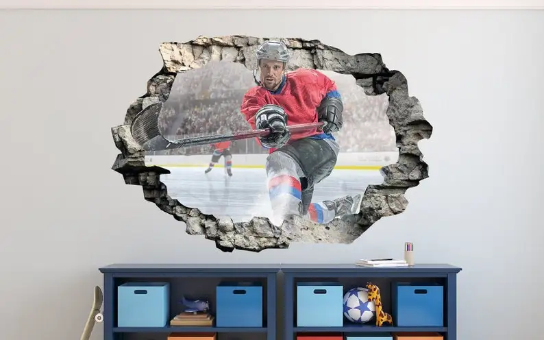 

Hockey Action 3D Wall Decal Smash Effect - Broken Wall Sticker - Vinyl Wall Decor - Decals for Walls - Stickers 3D Effect