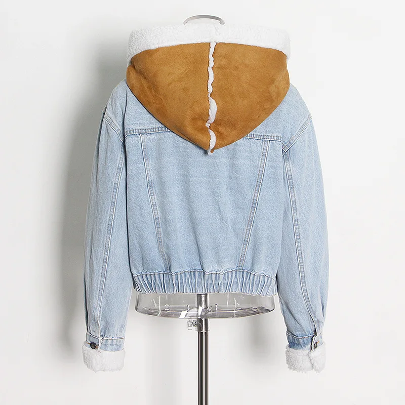 Women Furry Denim Jacket Autumn and Winter Contrast Color Stitching Large Pocket Lamb Wool Coat