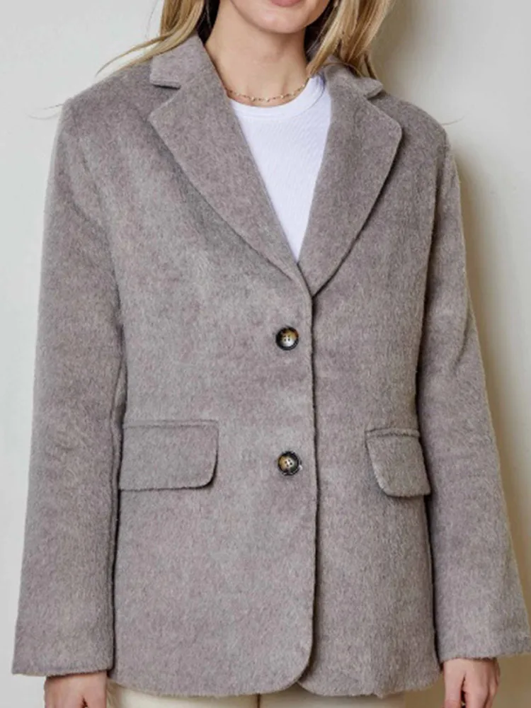 Повседневное однотонное женское пальто с лацканами элегантное однобортное