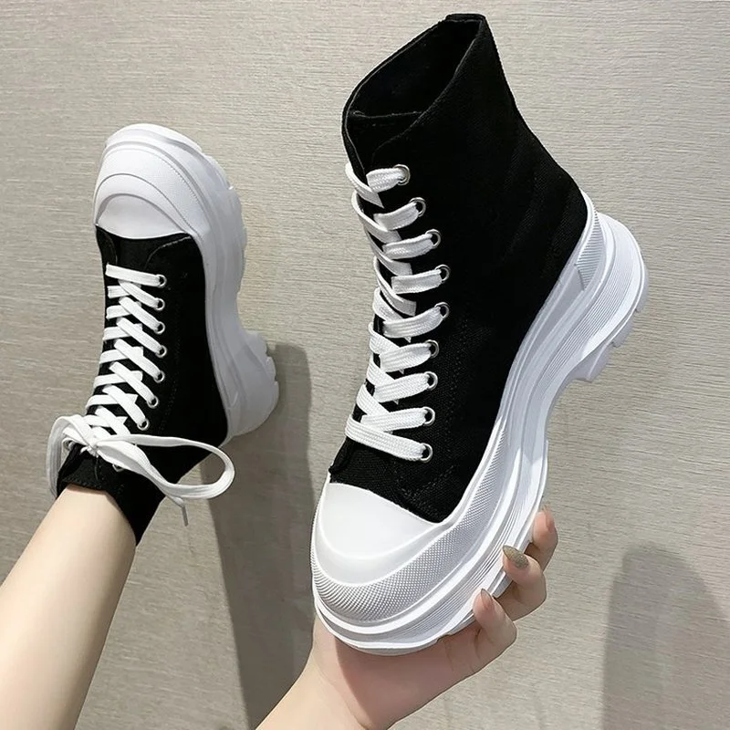 

High Top Sneakers Women 2022 Autumn New Black White Ladies Lace Up Casual Canvas Shoes 35-40 Round Toe Platform Ankle Boots