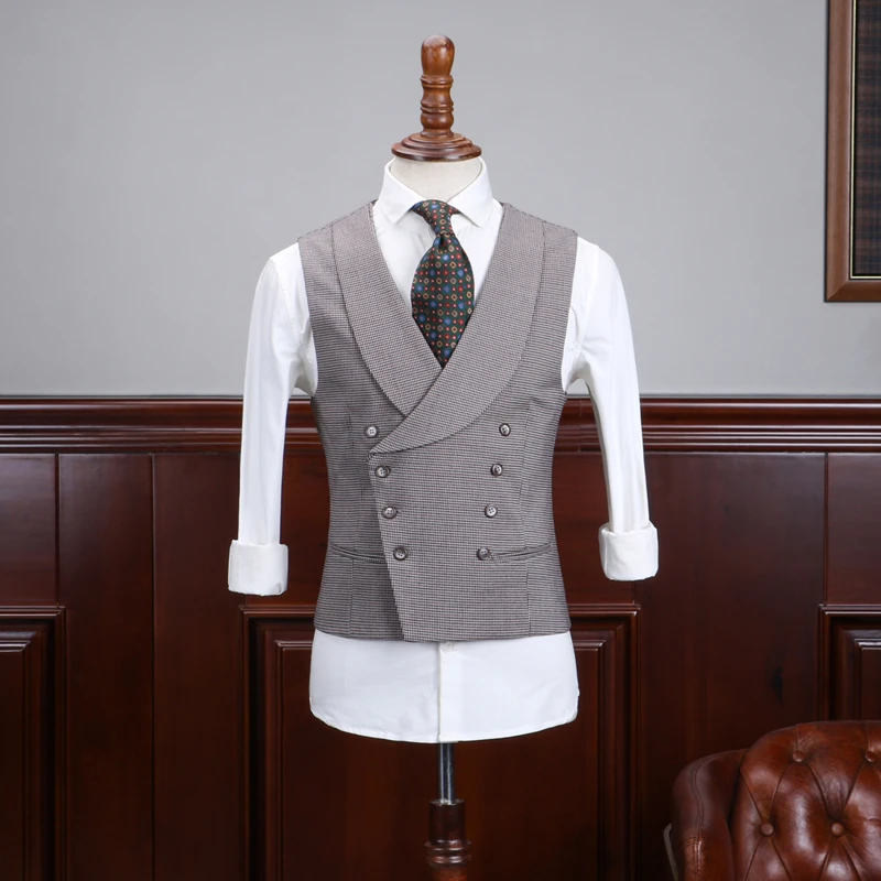 

Suit Steampunk Vest 2022 Lapel Waistcoat Gray Men's Collar Gentleman Double Male Waistcoat Breasted Retro Business Houndstooth