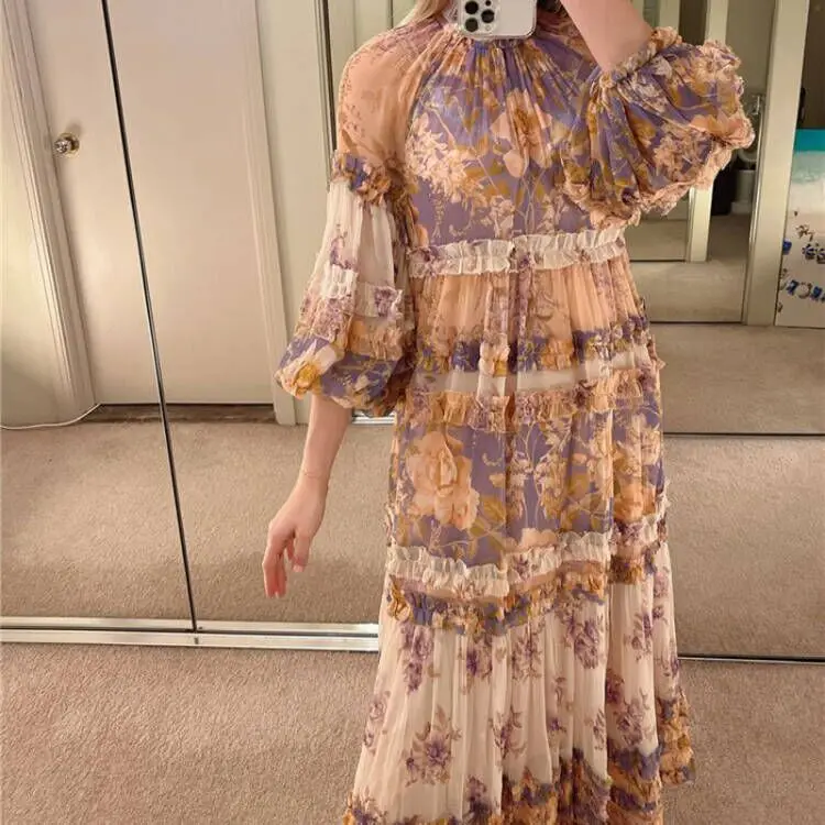 

100% Silk Women's Print Fashion Long Dress