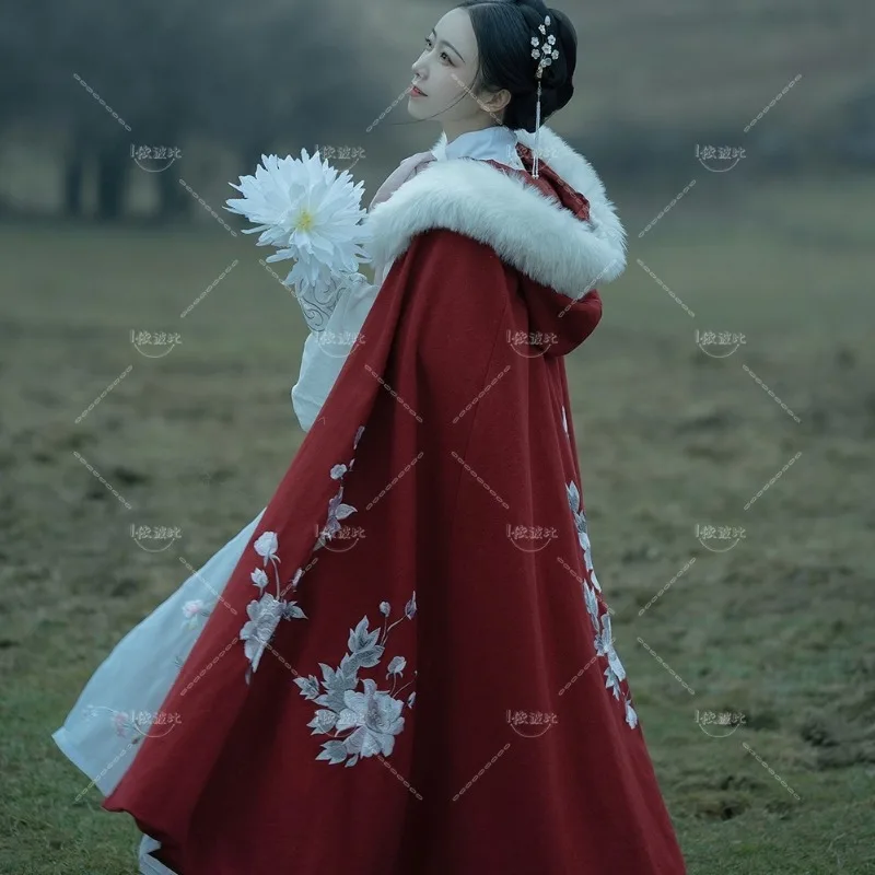 Женская накидка Hanfu с меховым воротником длинное толстое пальто в китайском