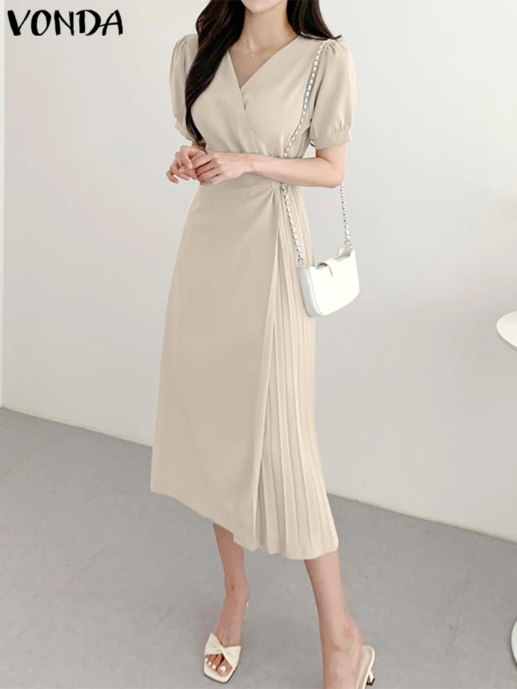 

Элегантный офисный сарафан VONDA 2023, женское модное летнее платье, повседневное однотонное Плиссированное Бандажное сексуальное длинное платье с V-образным вырезом и коротким рукавом