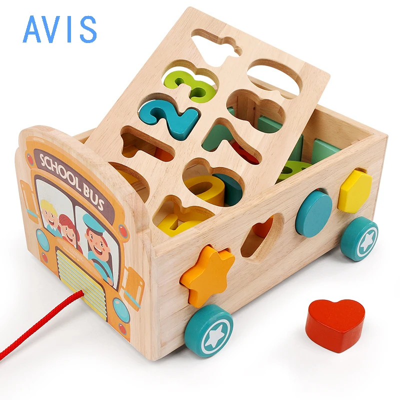 

Baby Montessori Toy Car Building Blocks Puzzle Game Number Shape Color Preschool Toys School Bus Toy