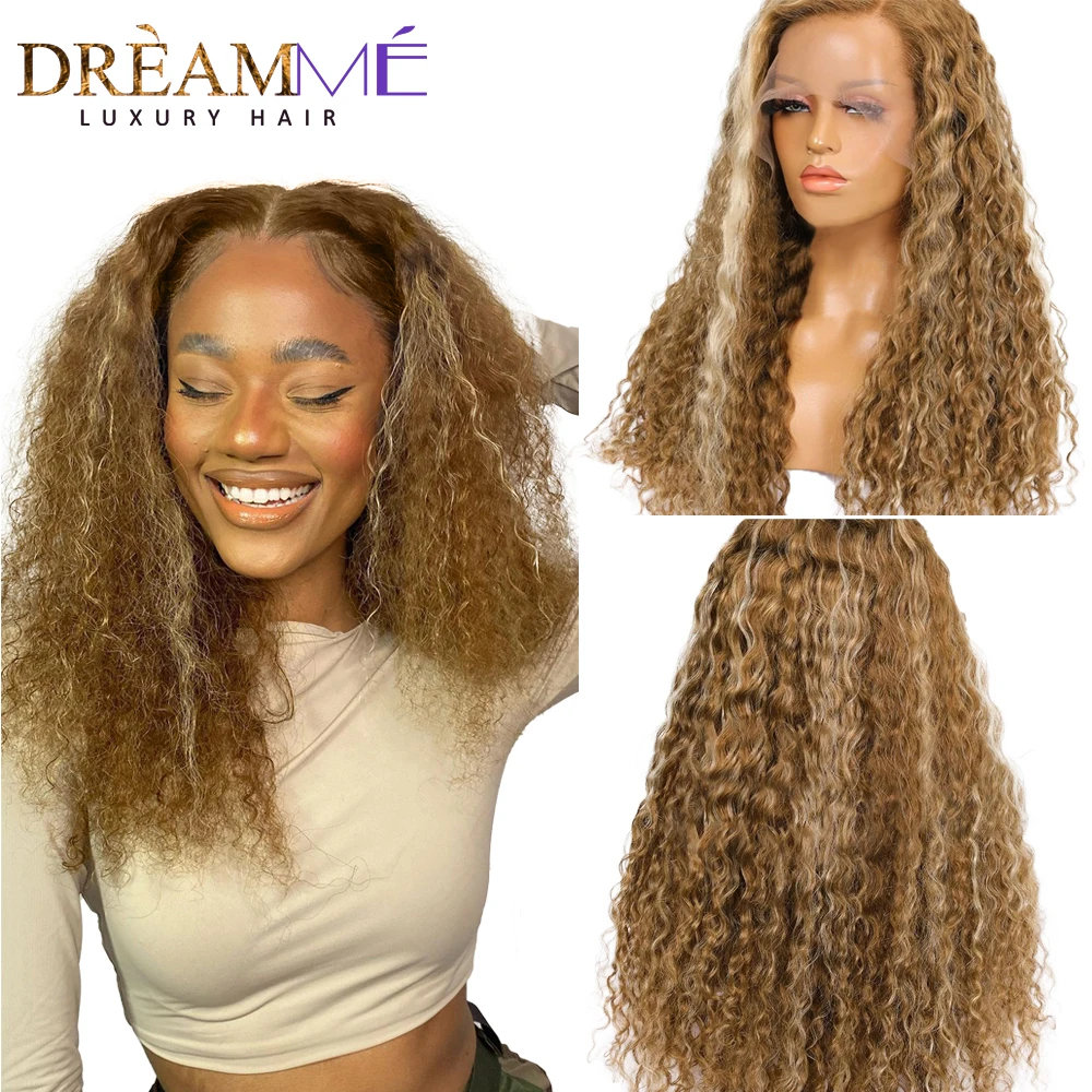 

Хайлайтер, глубокие вьющиеся парики 13x4, фронтальные парики на сетке, медовые светлые человеческие волосы, парики на сетке, фронтальные пари...