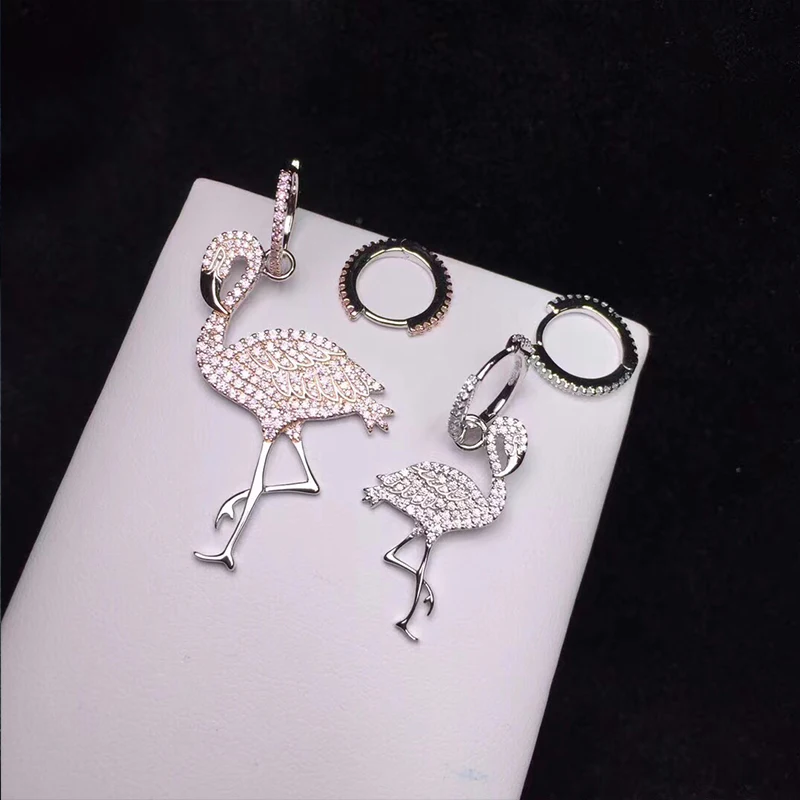

Amoo Pink White Flamingo Grus Japonensis Asymmetric Earrings S925 Sterling Silver Women Lovely Birds Funny Party Fashion Jewelry