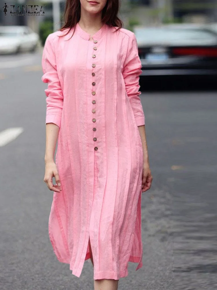 

ZANZEA Autumn Stand Collar Dresses Streetwear Stylish Vestidos Side Slit Pleated Midi Dress Yellow Women Long Sleeve Shirtdress