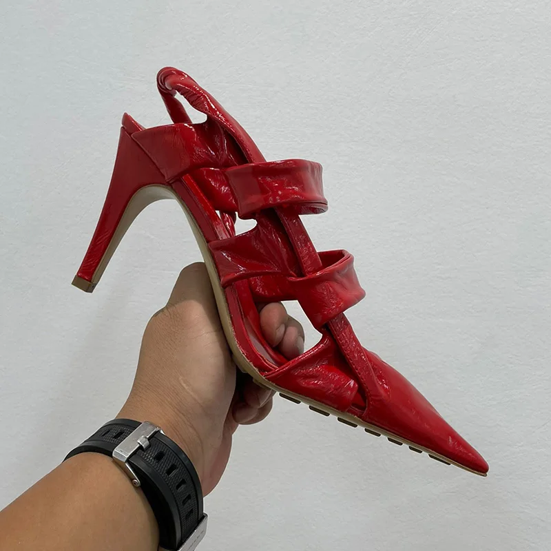 

Leisure Vintage Pointed Toe Hollow Women's High Heel Sandals Summer Genuine Leather Shallow Mouth Design New Fashion Sandals