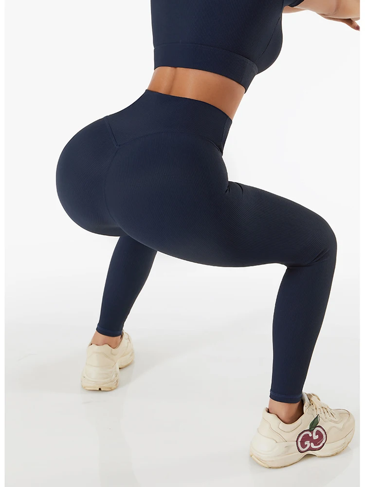 Women Ribbed Seamless Sport Leggings High Waist Workout Gym Yoga Pants Butt Lifting Tummy Control High Elastic Fitness Jeggings