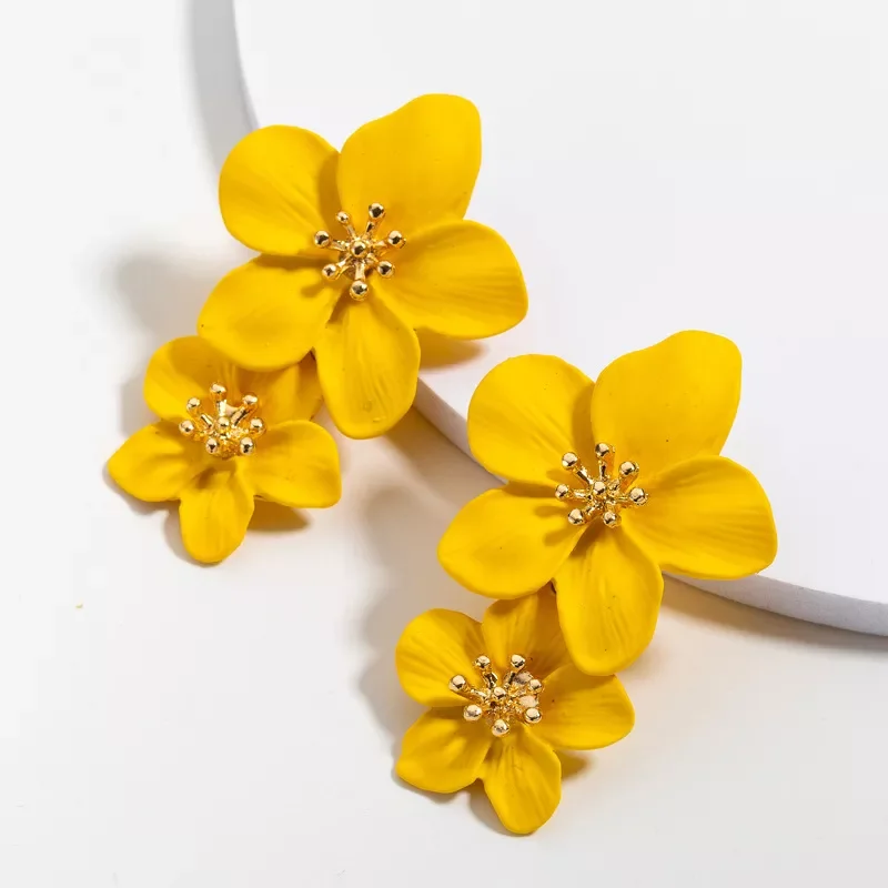 

Korean Big Double Flower Drop Earrings Summer Beach Party Metal Statement Earring for Woman Boho Fashion Jewelry Girl Gift