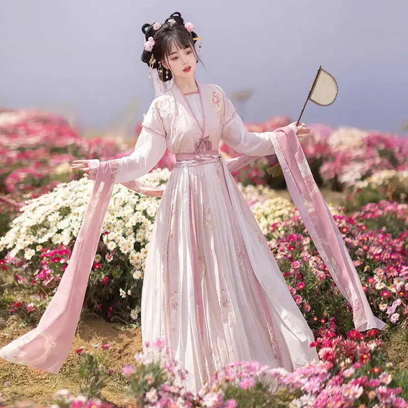 Kobiety Starożytna chińska sukienka Hanfu Kostiumy Różowy haftowany płaszcz Biała bluzka Spódnica z nadrukiem Vestidos Elegantes Para Mujer