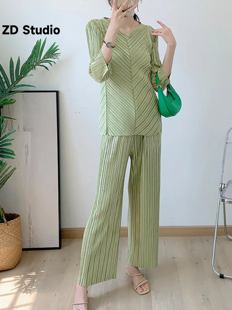 

[ZD Studio] Pleated Sets 2023 Summer New Women's Solid Color Bandage Shirt With Wide Leg Pants Ladies Elegant Clothing 2DA1293