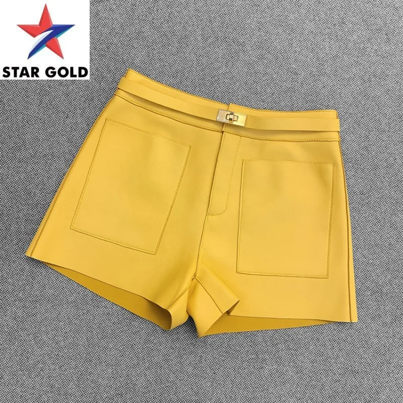 Genuine Leather Women High Street Solid Color Sheepskin Belt Slim Fit Straight Sexy Mini Trousers Pockets Cargo Shorts